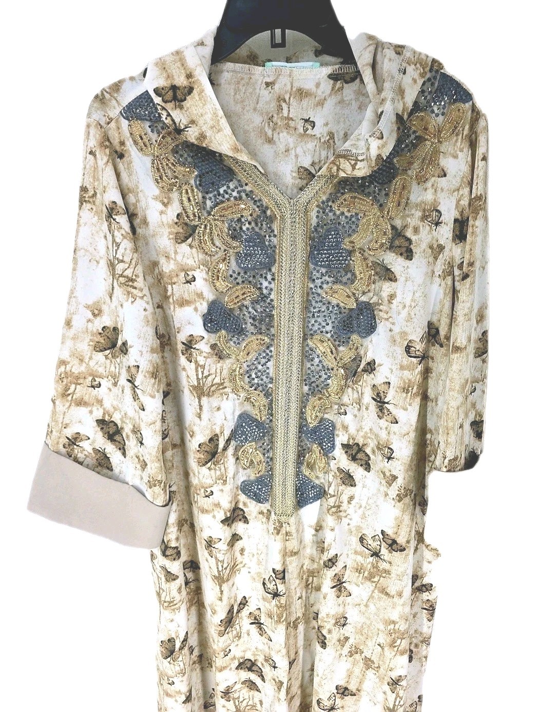 Toleen Butterfly Pullover KAFTAN Embroidered Rhinestone V-Neck Hooded Womens 1XL