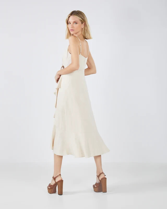 BCBGMAXAZRIA LINEN BLEND “DORIS” RUFFLED MIDI DRESS IN COROZO SIZE 10-$268