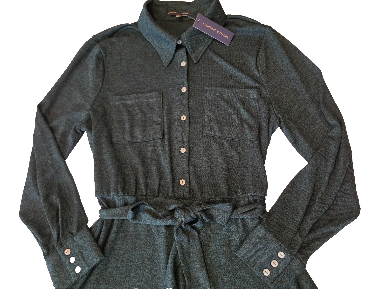 Adrienne Vittadini Long Sleeve Collared Belted Shirt Dress NWT XL Dark Green