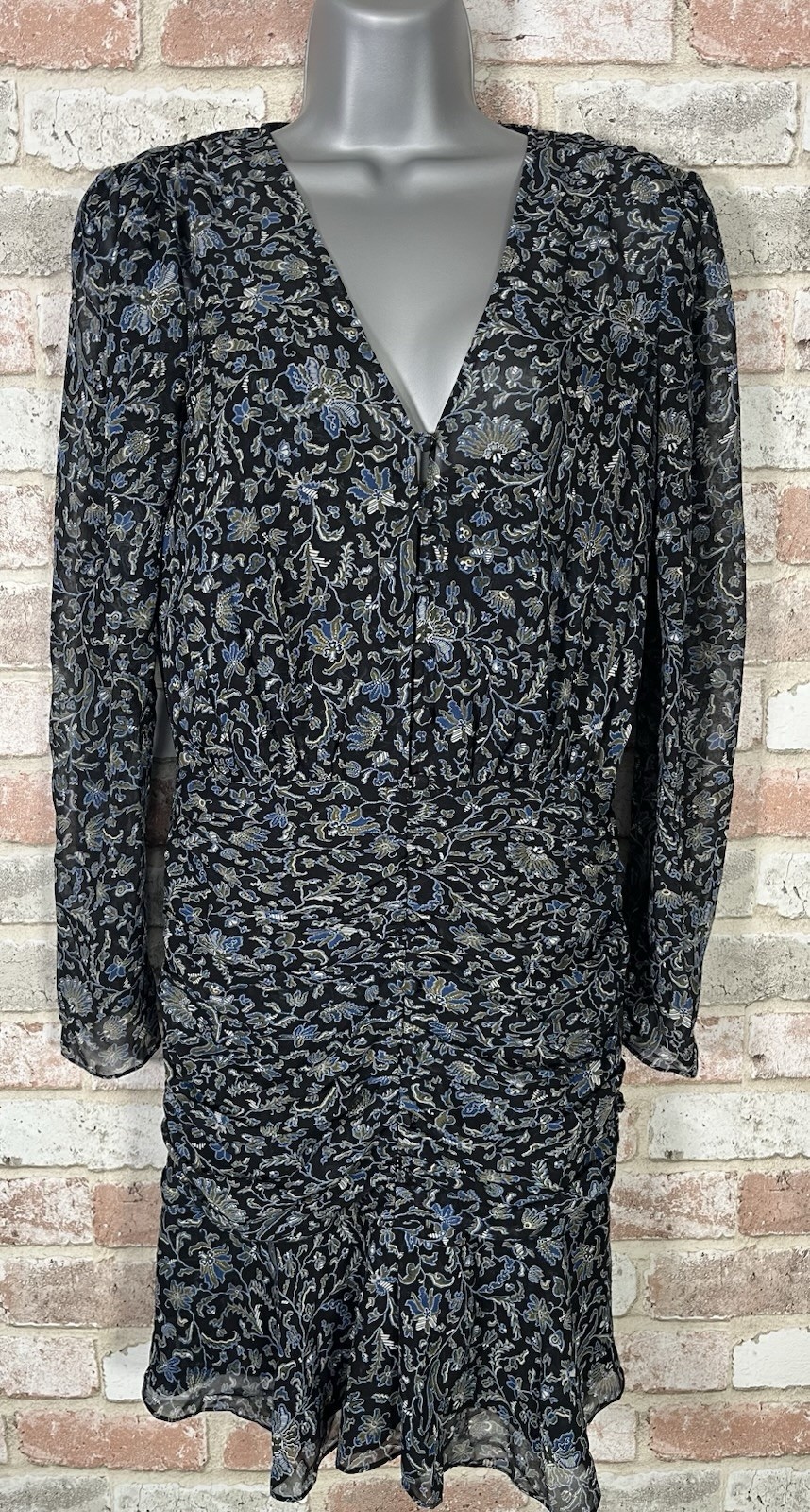 VERONICA BEARD Blue Floral 100% Silk Ruched Bell Sleeve Ruffle Dress Size 2 $595