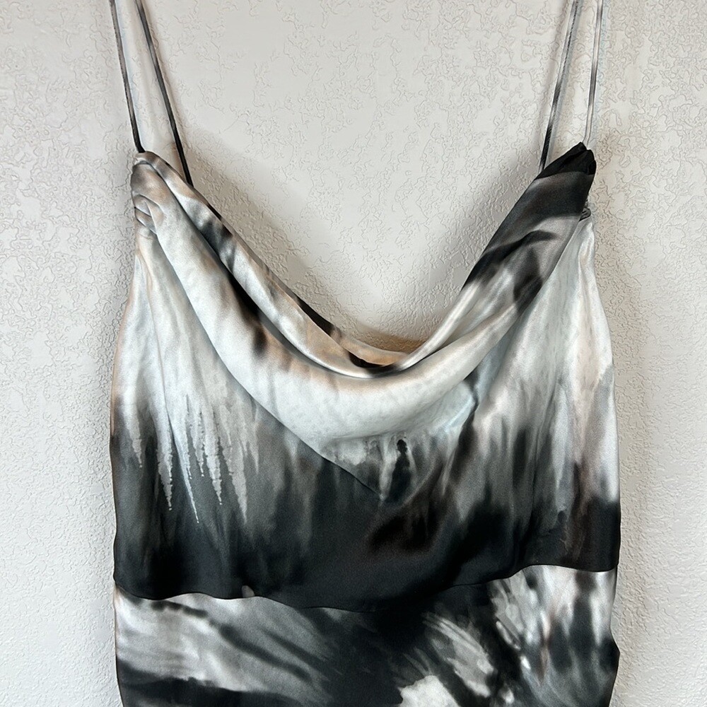 Retrofte Auris Draped Printed Silk Mini Dress Black Tye Die XL