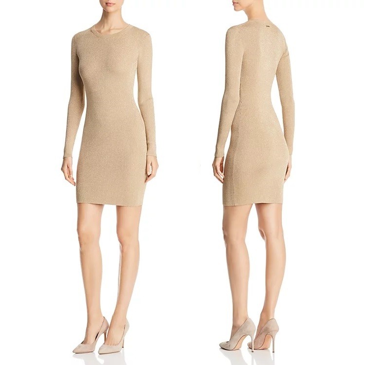 MICHAEL Michael Kors Metallic Ribbed Knit Pointenelle Sweater Mini Dress, XS