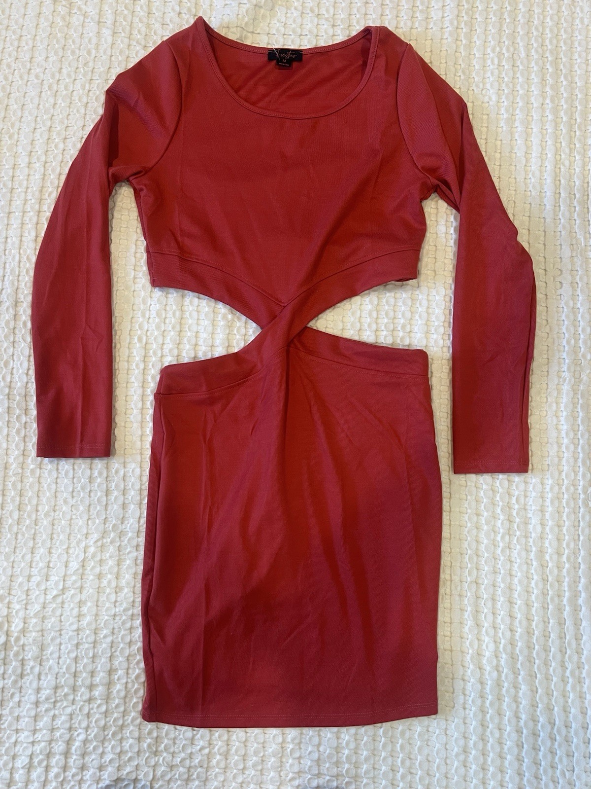 Fiestar Red Ribbed Knit Cut Out Long Sleeve Bodycon Dress Size M