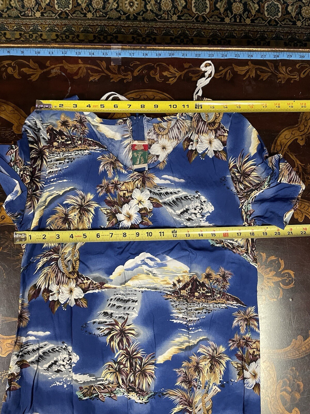 VTG Hilo Hattie Womens Blue Brown Palms Hawaiian Short Sleeve Maxi Dress Beach M