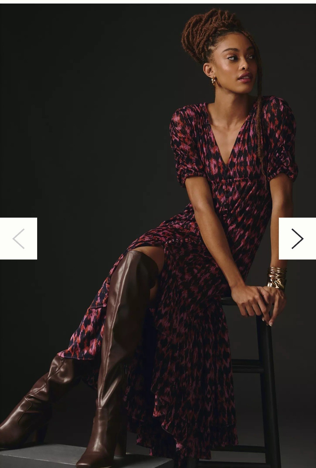 Anthropologie Purple Printed Ruched-Sleeve Mesh Lined Maxi Dress Petites Sz S