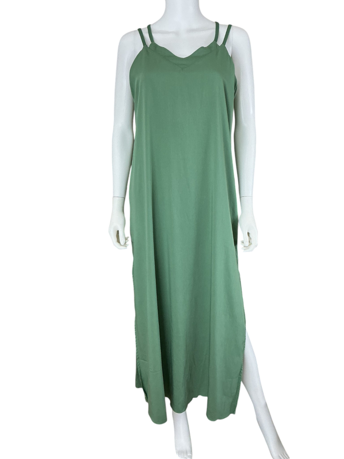 SheBird The Savannah Strappy Maxi Bra Dress Green Bamboo Blend sz 4 Slit Pockets