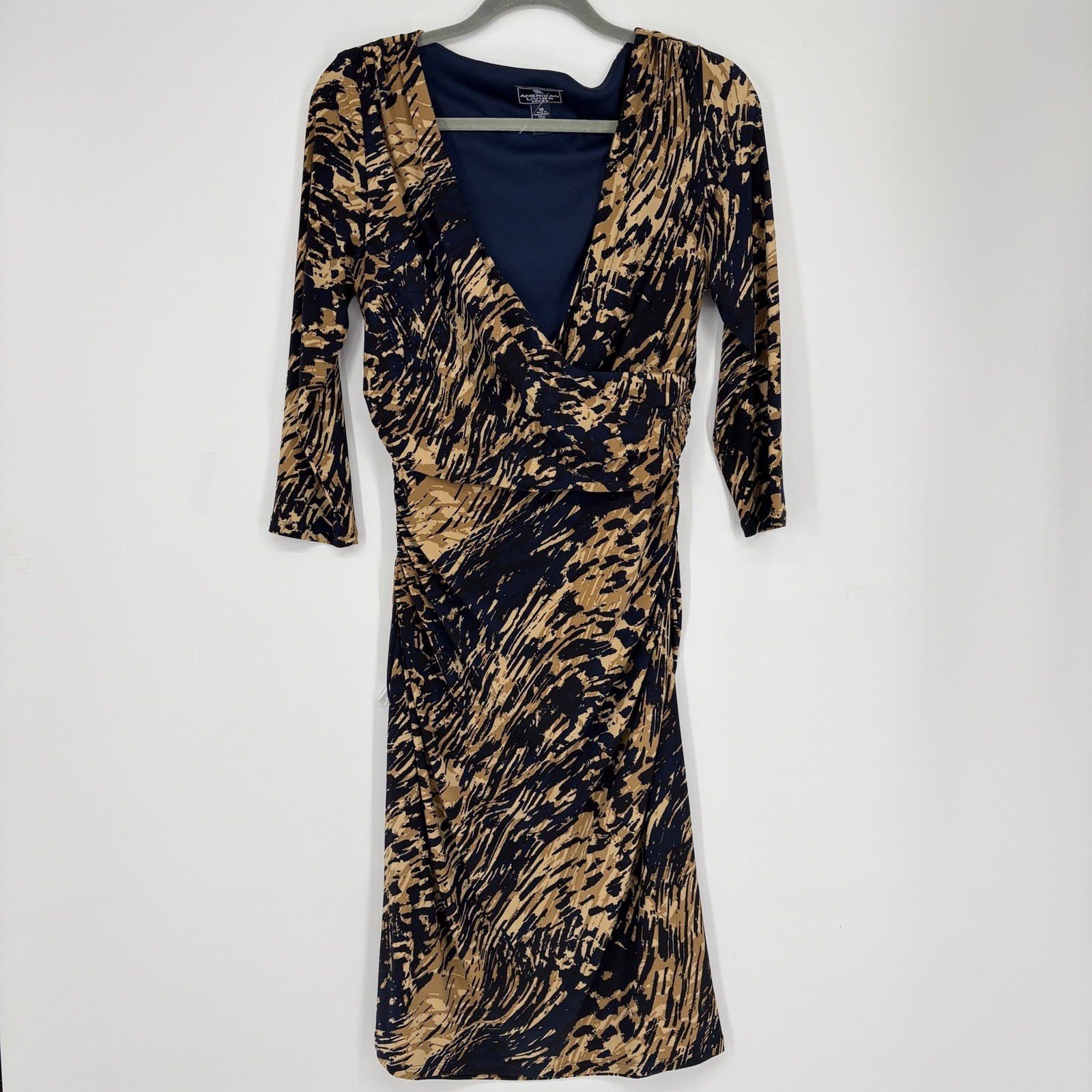 American Living Navy Blue Gold Abstract Print Ruched Faux Wrap Sheath Dress 10