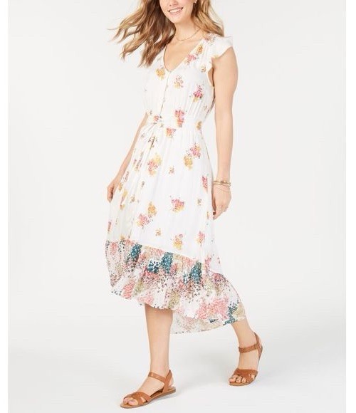 Lucky Brand Floral High Low Midi Dress Boho Button Front Drawstring Waist XS