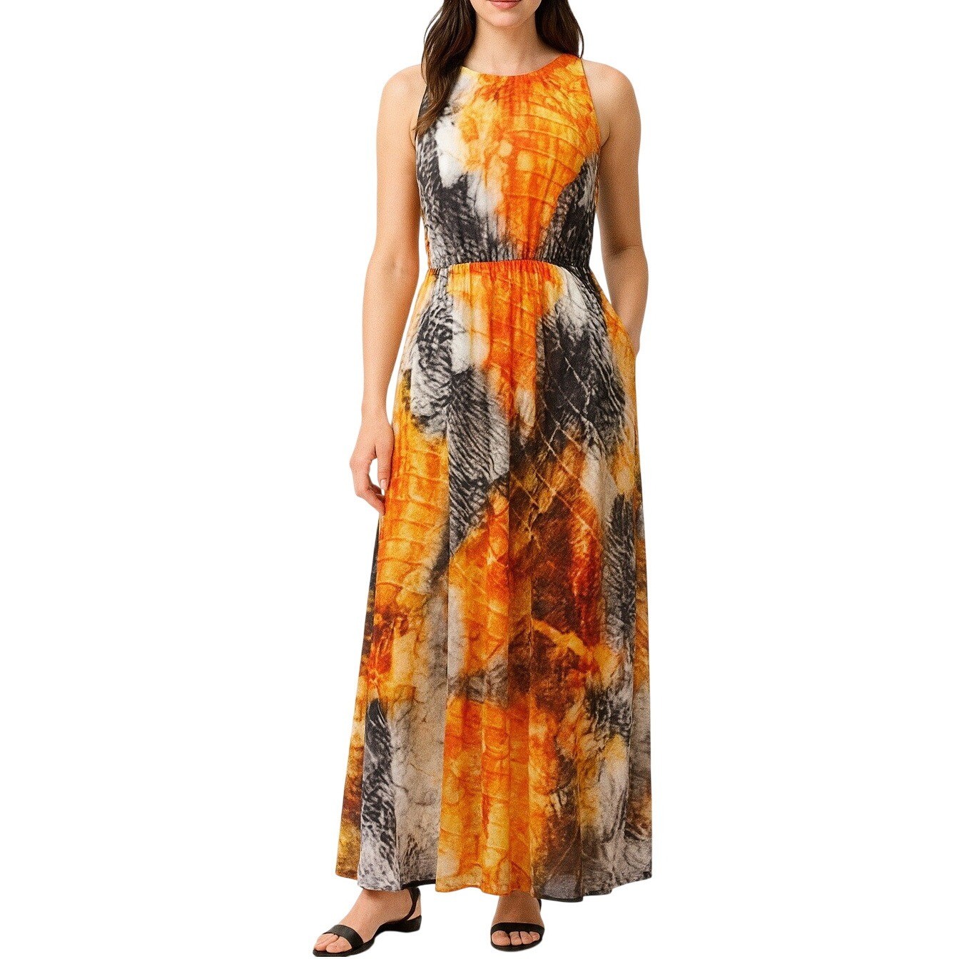 H&M Women’s Maxi Dress 6 Orange Gray Feather Print Sleeveless Long Summer Gown