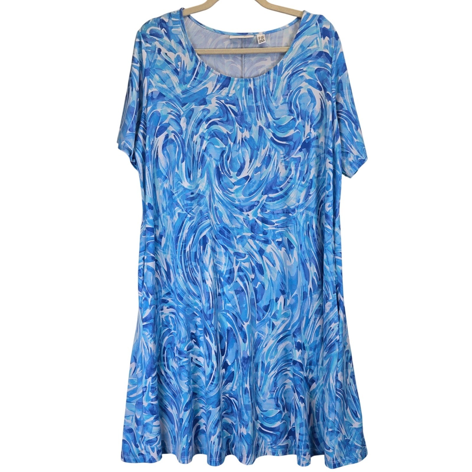 Susan Graver Women Blue Swirl Short Sleeve Dress Plus Size 1X Petite Resortwear