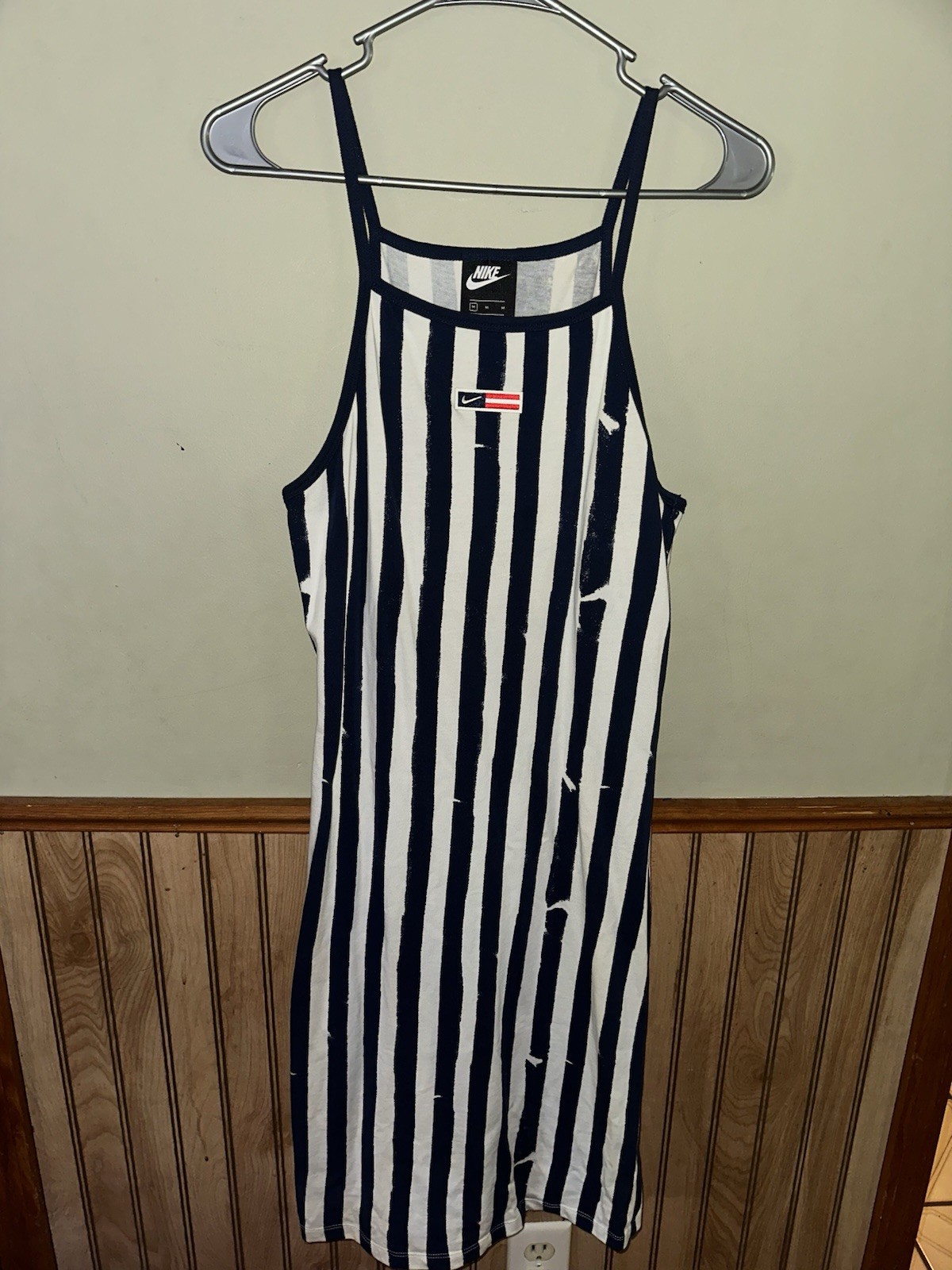 Nike Blue/White Striped Sleeveless Tank Dress Scoop Neck Midi Womens M