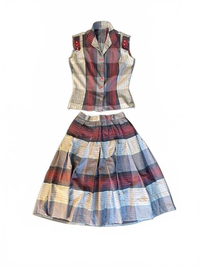 Vintage Red Gray Plaid 2 Piece Skirt Set XS/S