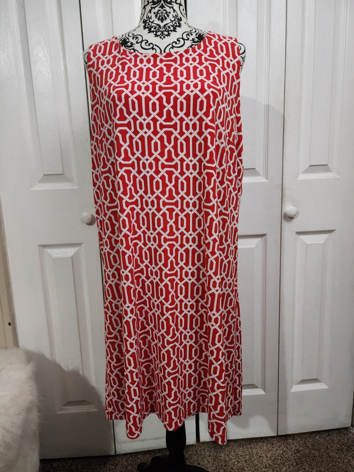 George Red & White Modern Geometric Stretch Knee Length Swing Dress Size XL