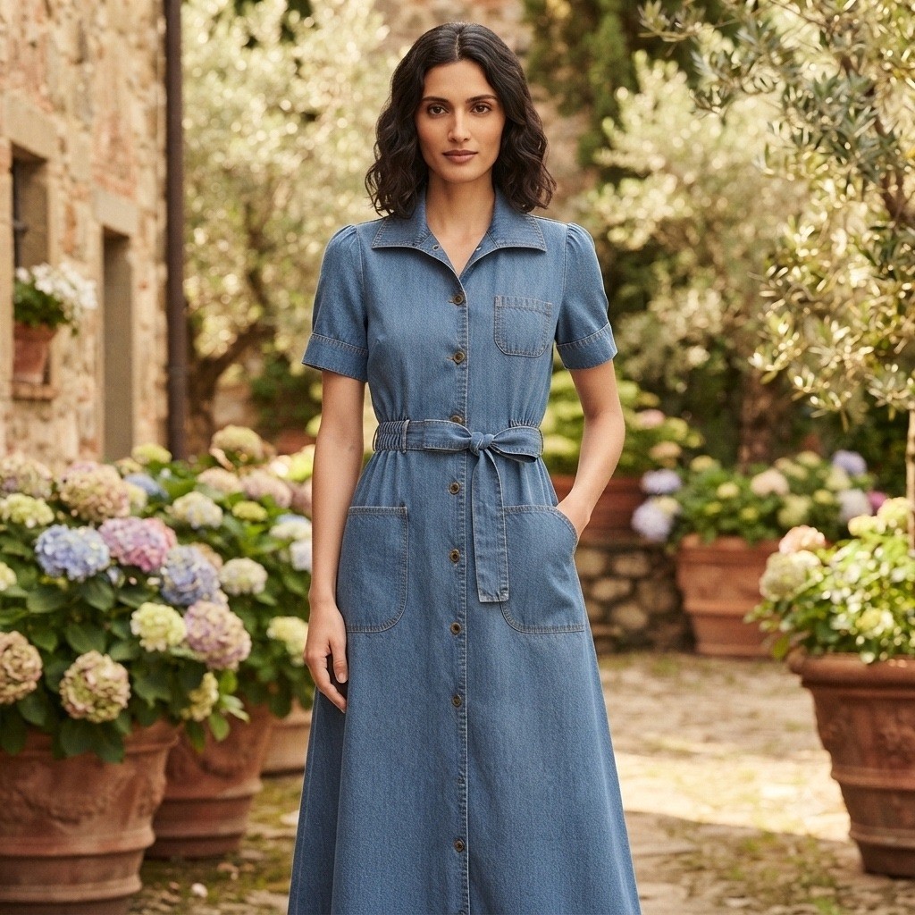 Vintage Y2K Style Blue Denim Button Front Midi Shirt Dress with Belt Medium Wash