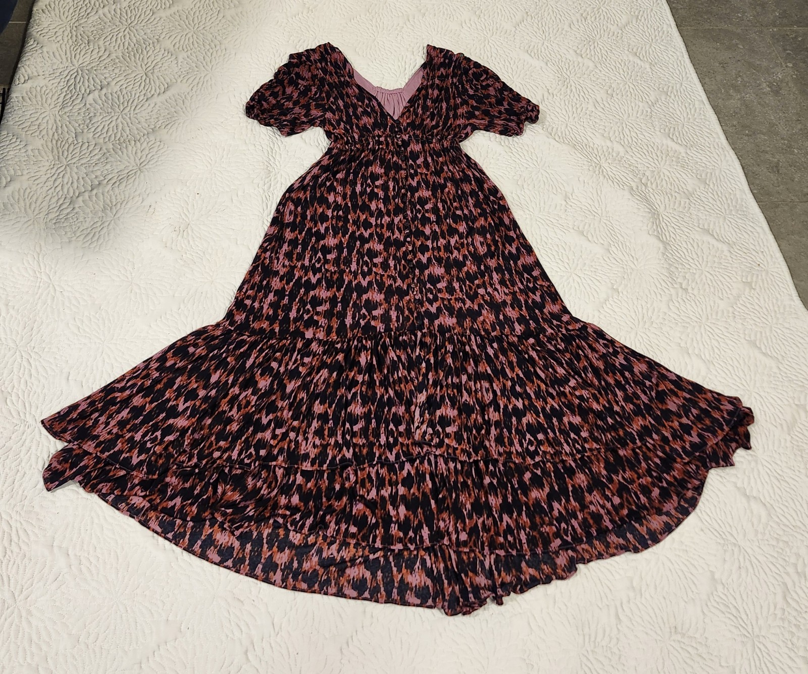 Anthropologie Purple Printed Ruched-Sleeve Mesh Lined Maxi Dress Petites Sz S
