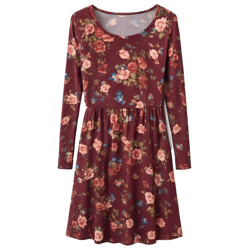 Bluetime Medium Red Floral Swing Dress Pullover Cotton Blend Stretch Waist BOHO