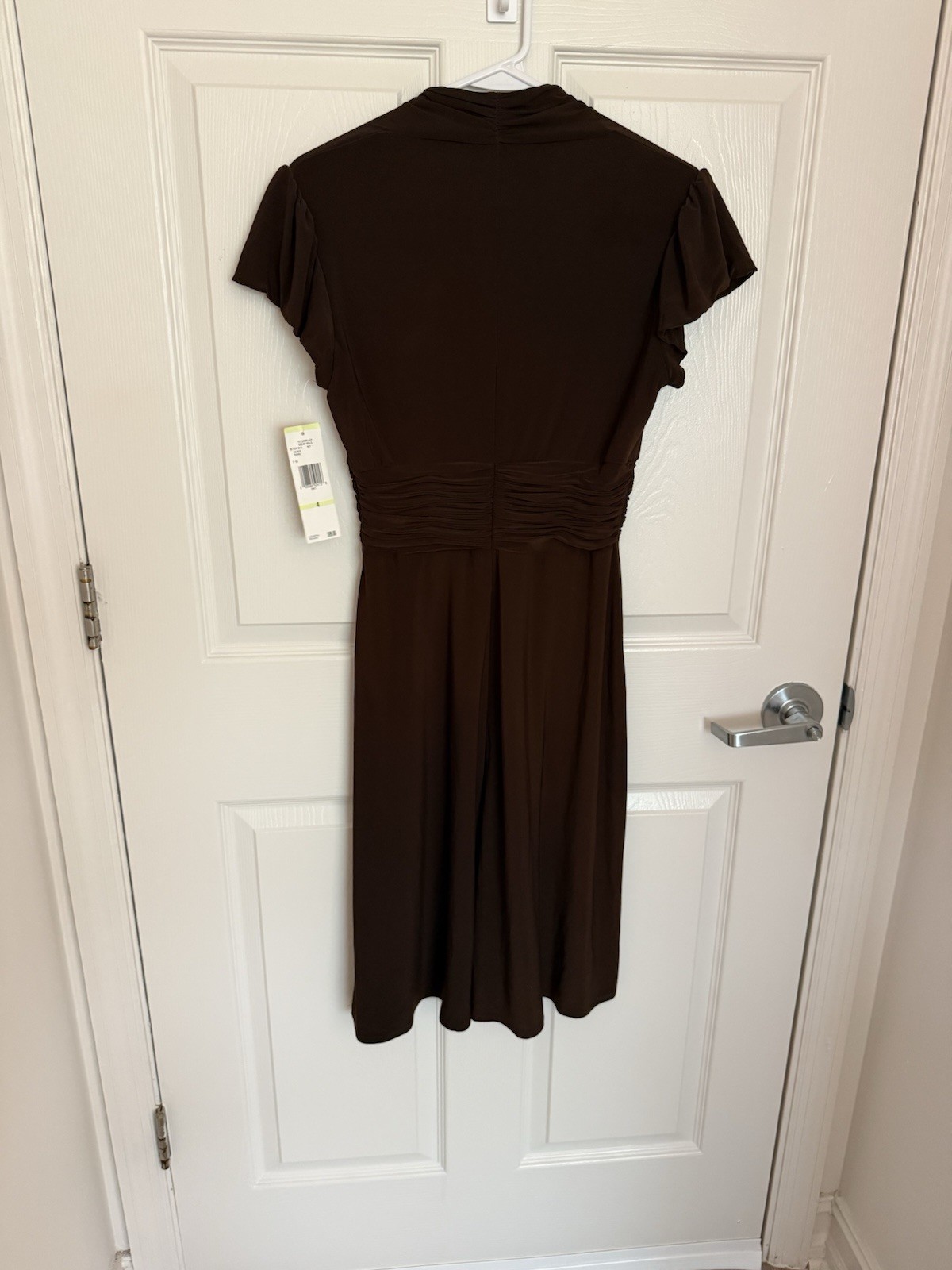 Evan-Picone Brown Solid V-Neck Ruched Flutter Short Sleeve Midi Dress 4
