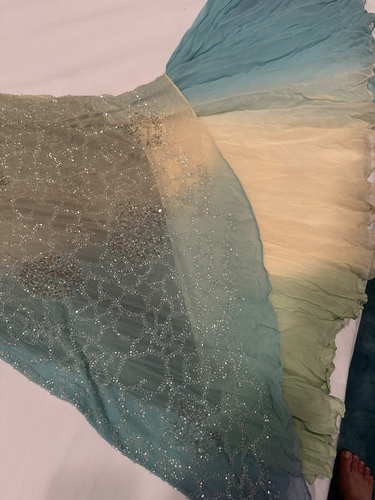 Elle Belle LLC Ombre Green Blue Silk Beaded V-Neck Long Sleeve Gown 10