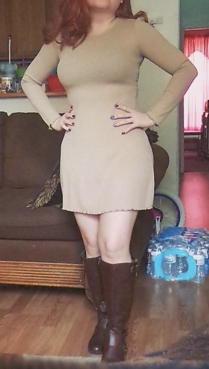H&M Beige Ribbed Knit Ruffle Round Neck Bodycon Mini Dress Long Sleeve 6 / S