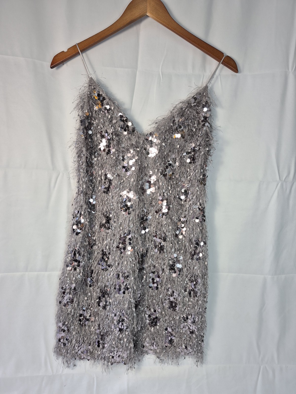 ZARA Fringed Sequin Mini Shift Dress Silver Metallic Tinsel Party Cocktail S NWT