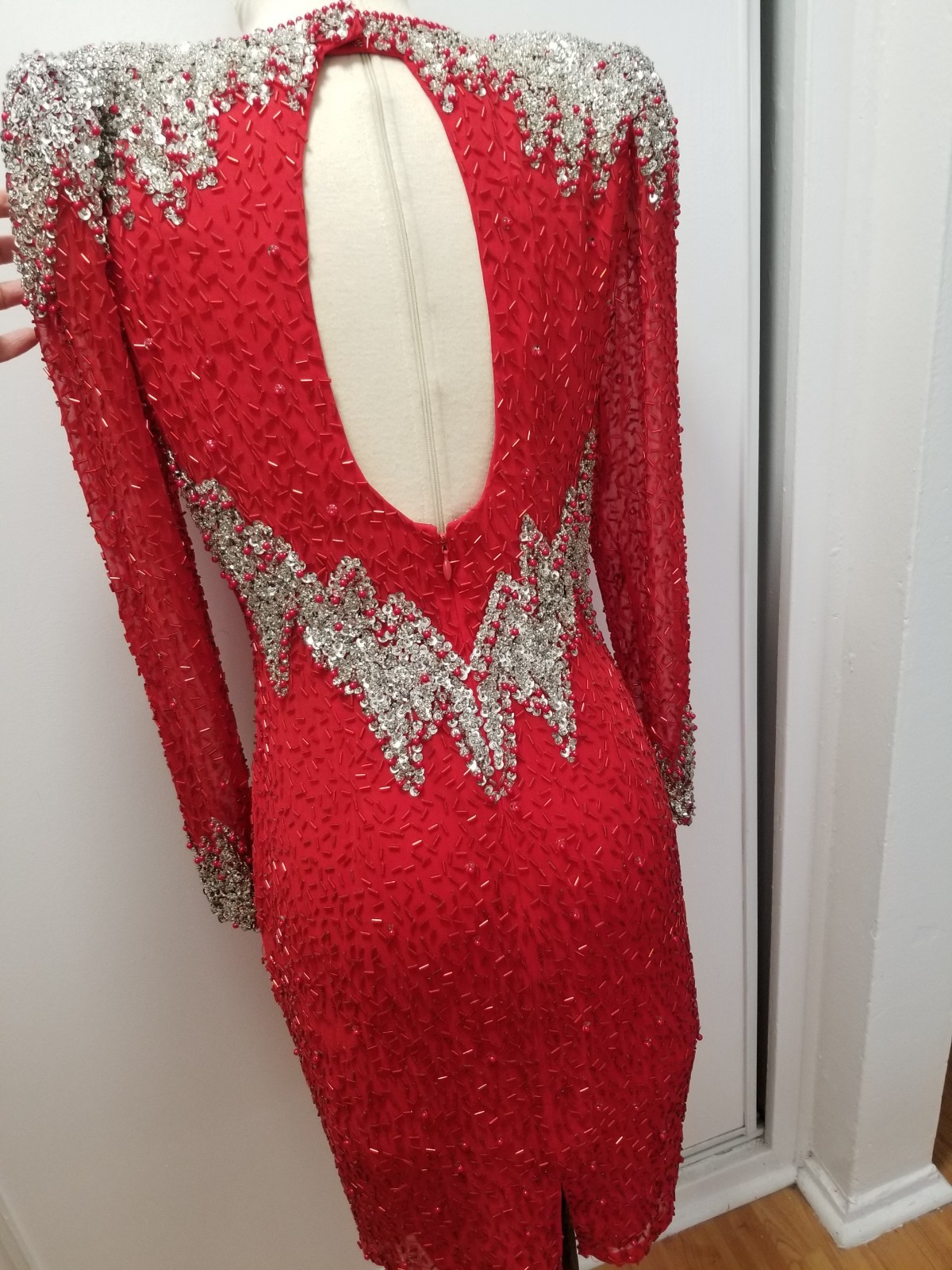 Red and silver beaded and Sequined long sleeve cocktail dress