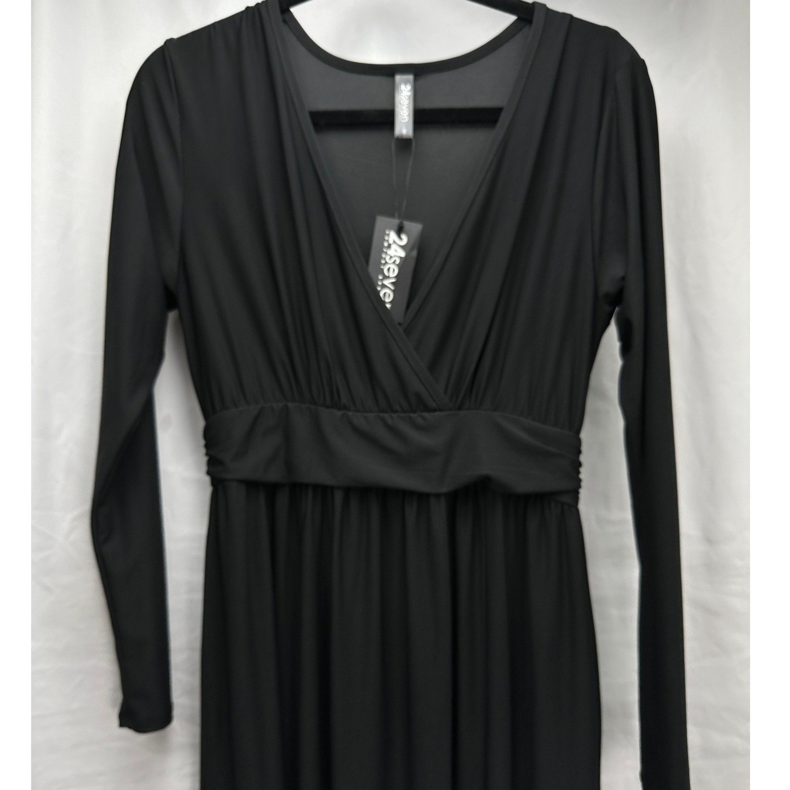 24seven Comfort Apparel Maxi V Neck Long Sleeve Leg Slit Black Dress Pockets