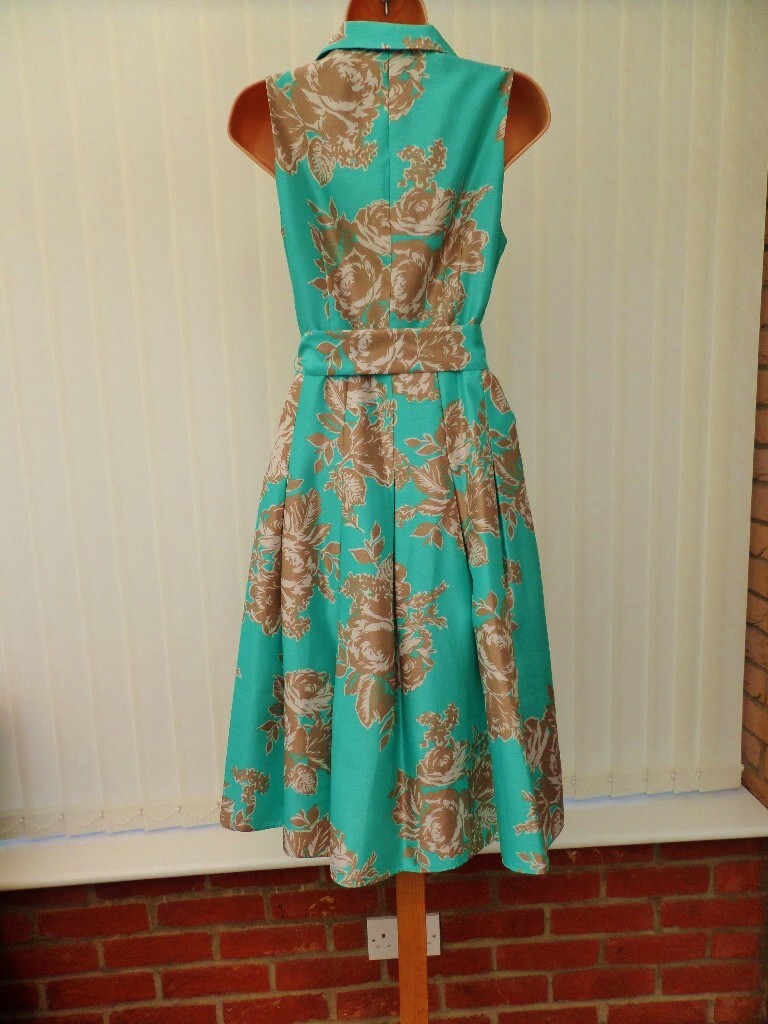 ELIZA J TURQUOISE GOLD IVORY FLORAL SATEEN 50’S PLEAT FLARE MIDI DRESS 8 NWOT