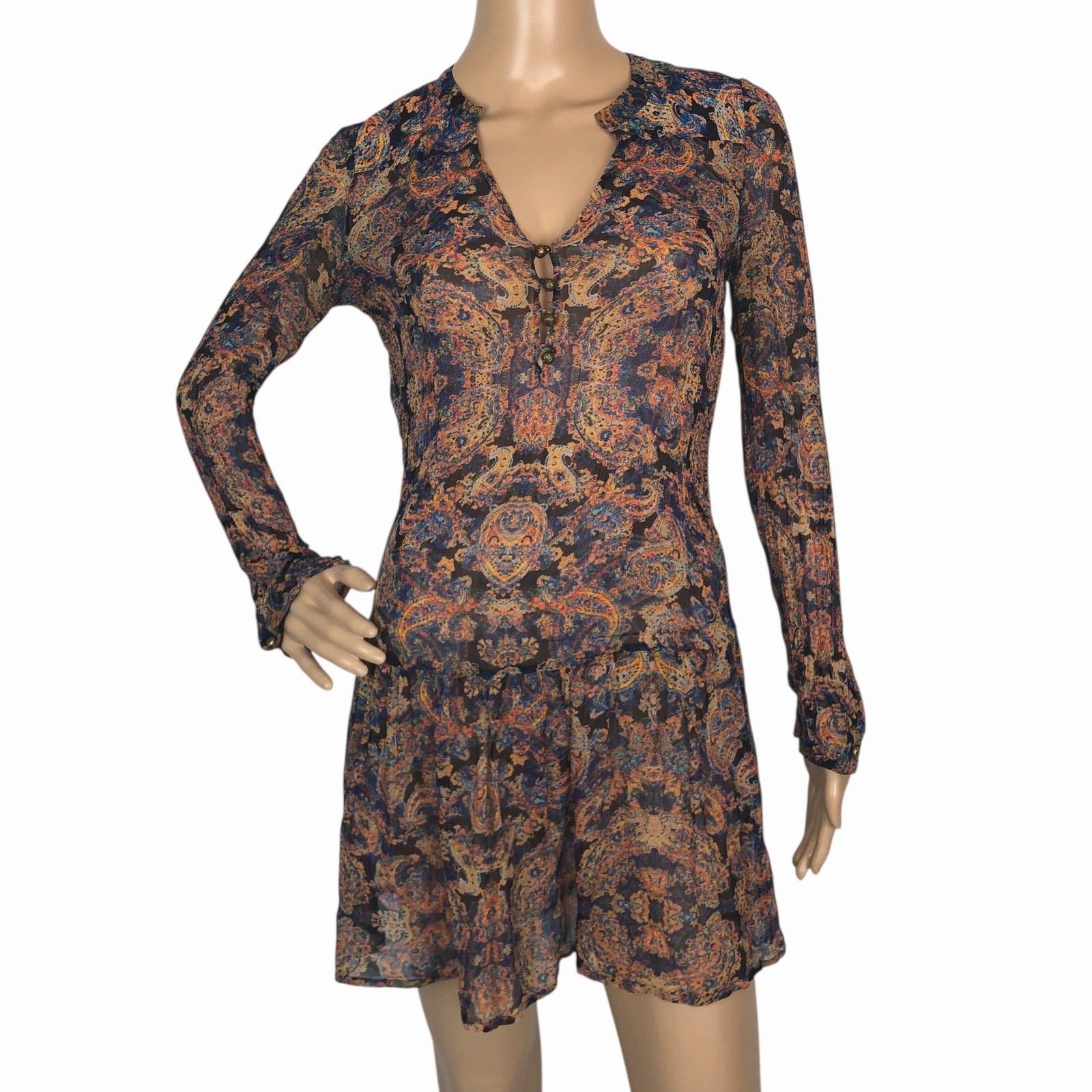 Twelfth Street Cynthia Vincent 100% Silk SHEER Paisley Print Mini Dress Small