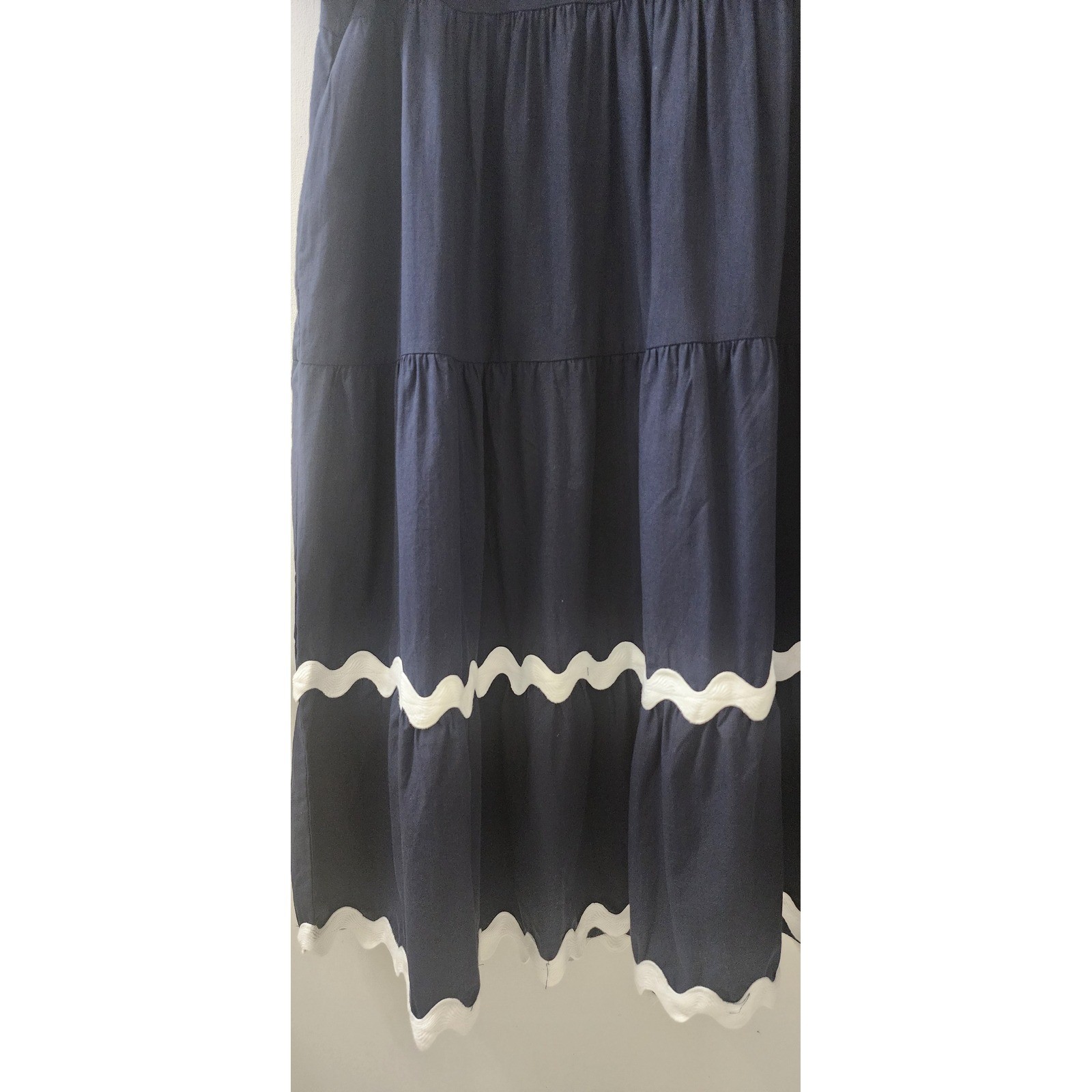 White Closet Elements Navy Blue Ric Rac Tiered Cotton Midi Dress XL