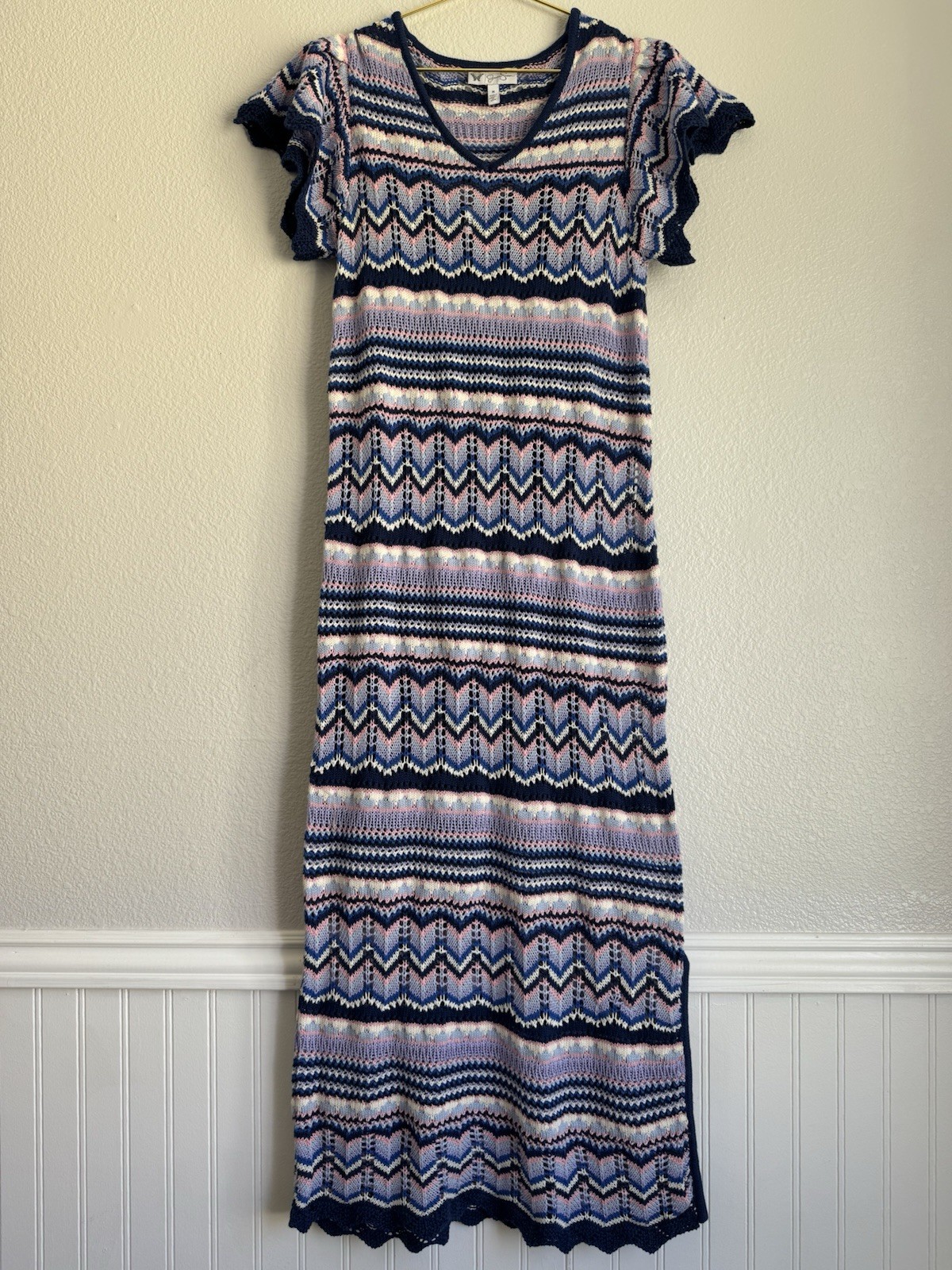 Jessica Simpson Eyelet Crochet Maxi Dress Striped Boho Hippie Y2K Summer Sz: M