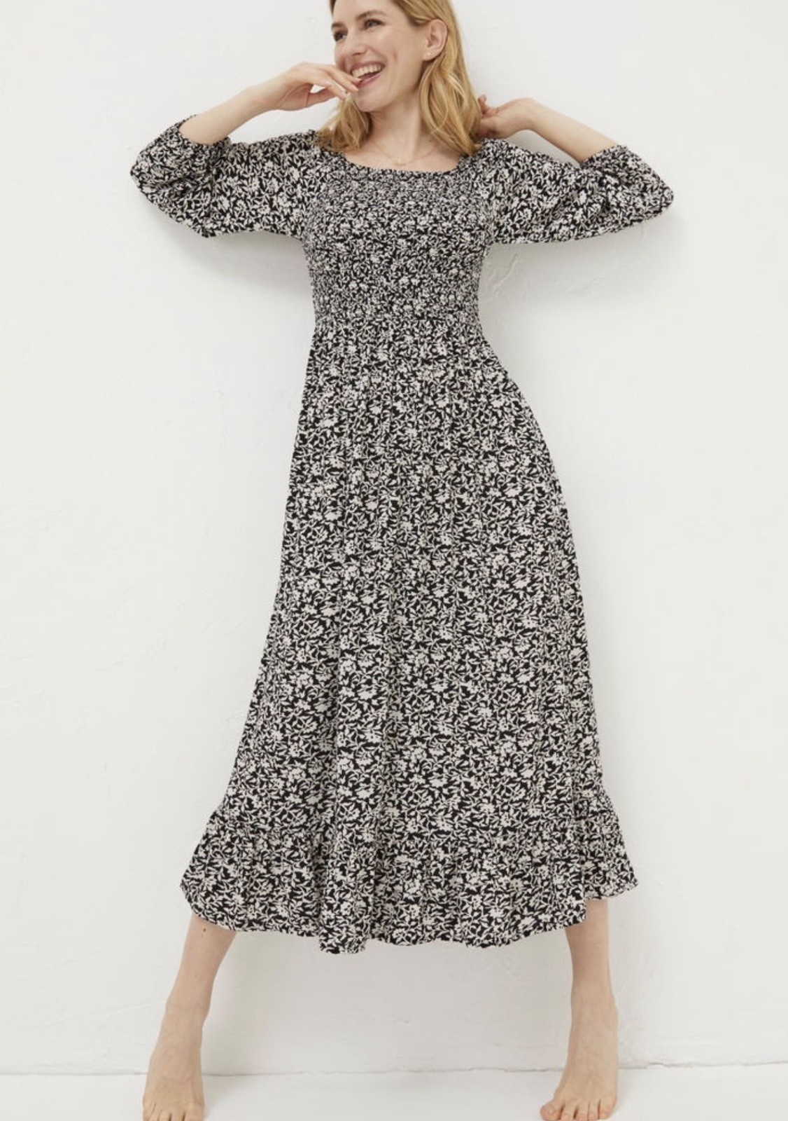 Fat Face Adele Black White Vines Print Midi Dress Shirred Bust Sleeve Size 24 R