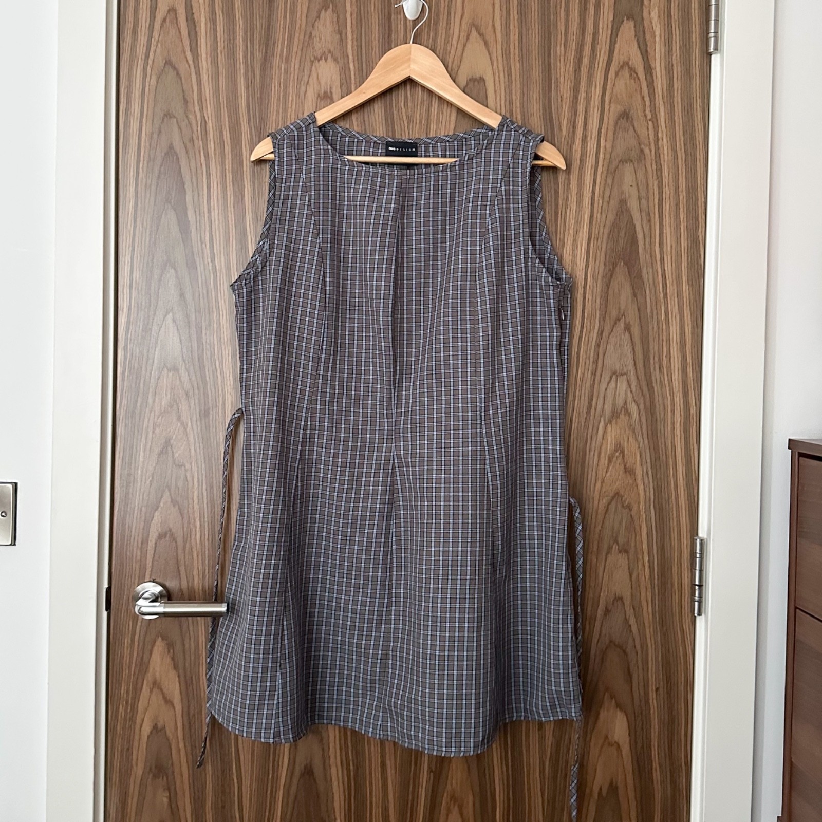 ASOS Blue Check Tie Back Cinch Waist Seam Detail Boat Neck Mini Dress 14