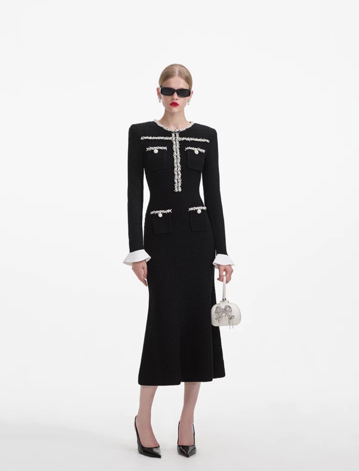 Self Portrait Handmade pearlS knitted dress A-line silm waist long sleeve women