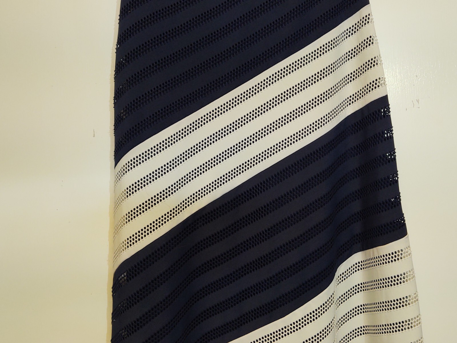 TRULLI Maxi Dress Navy White Size Small Diagonal Stripe Lined Pointelle