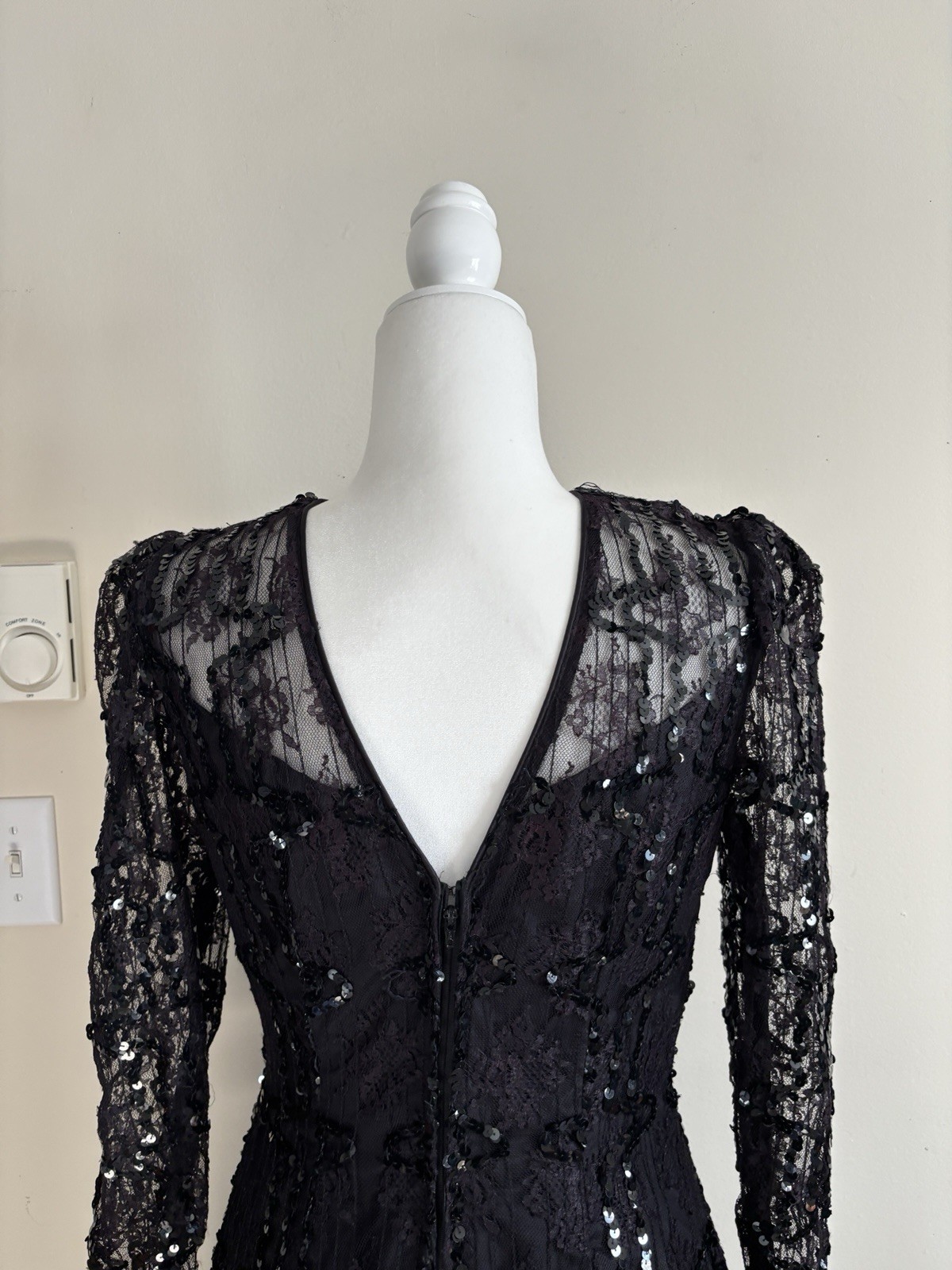 Vintage 80s Julie Duroche After Five Black Dress Sequin Lace Dramatic Goth