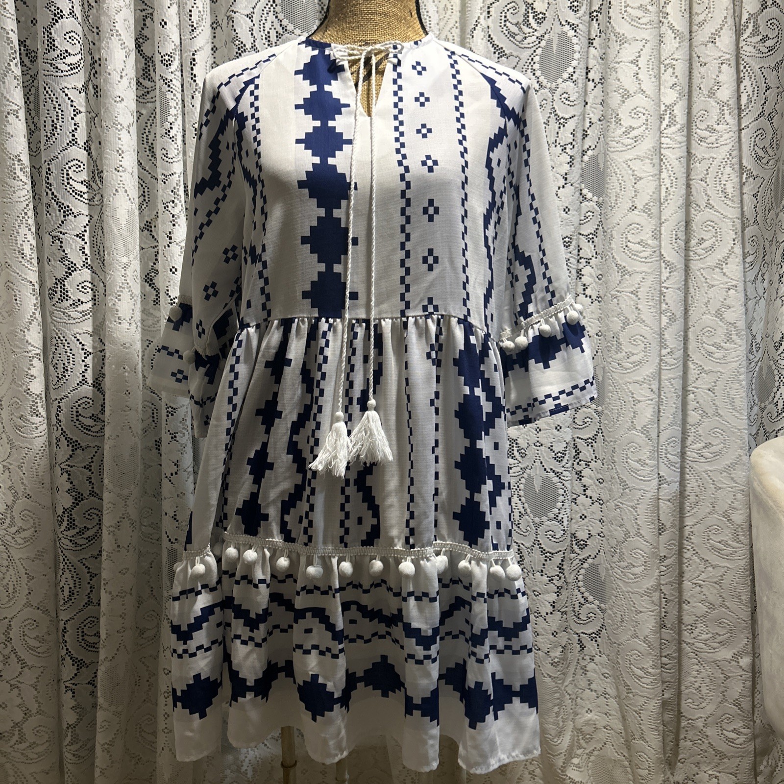 CEZELE Women’s Tiered Ruffle Dress Navy Blue And White Geometric Stripe Midi