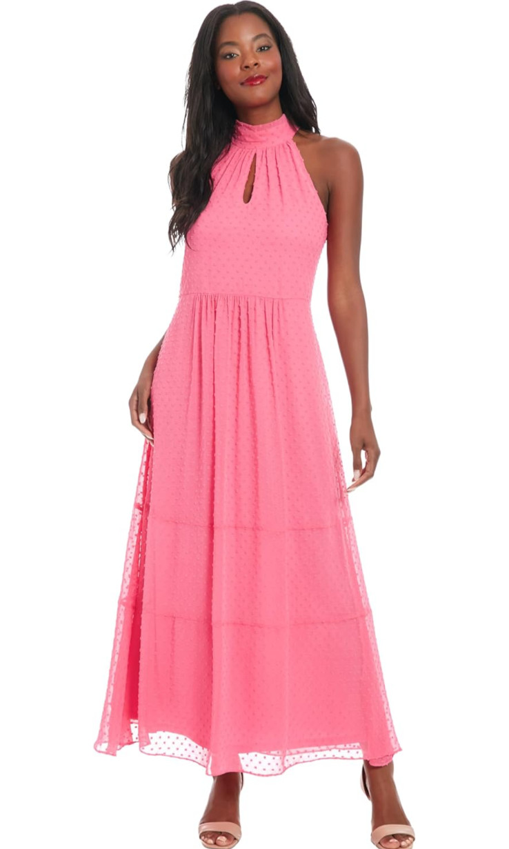London Times Women’s High Neck Sleeveless Tiered Swiss Dot Maxi-Formal
