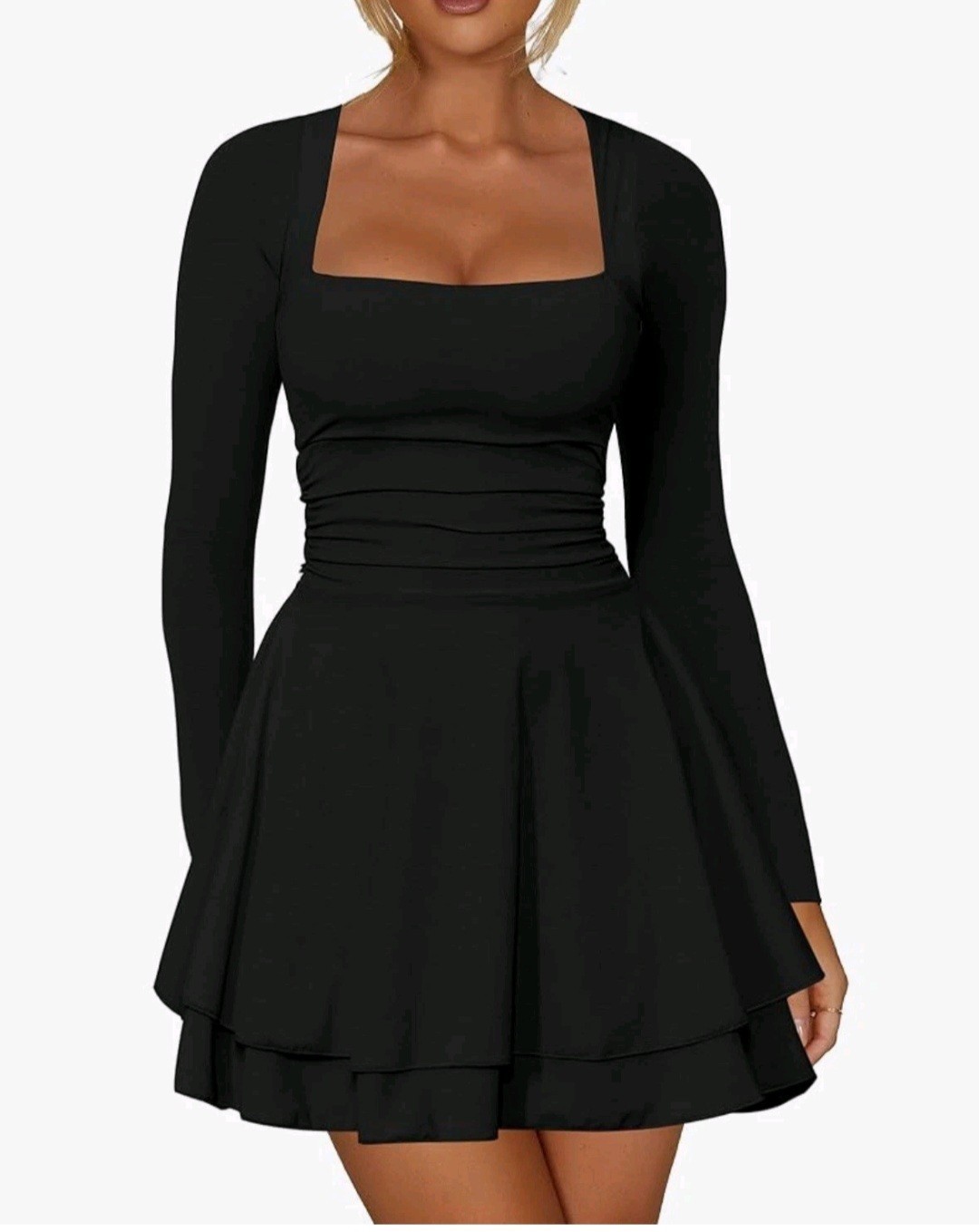 Kaximil Size S, Black, Women Square Neck Ruffle Hem Mini Dress Ruched Waist Long
