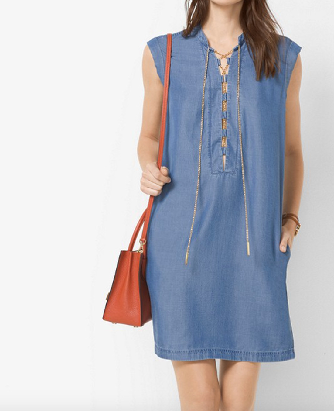 MICHAEL KORS BLUE CHAMBRAY DENIM LACE-UP SHIFT DRESS SIZE LARGE RRP £175.00 VGC