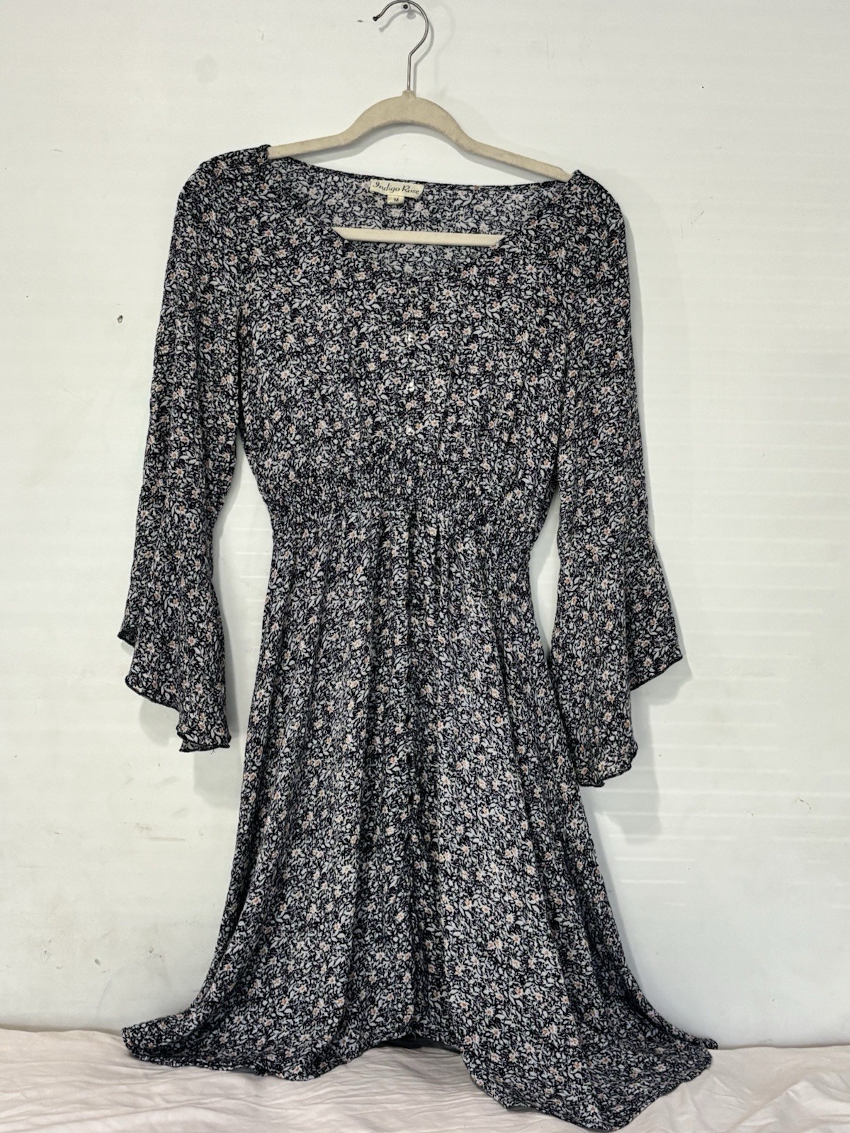 Indigo Rose Ditsy Floral Bell Sleeve Dress Black Cream Boho Cottagecore Size M