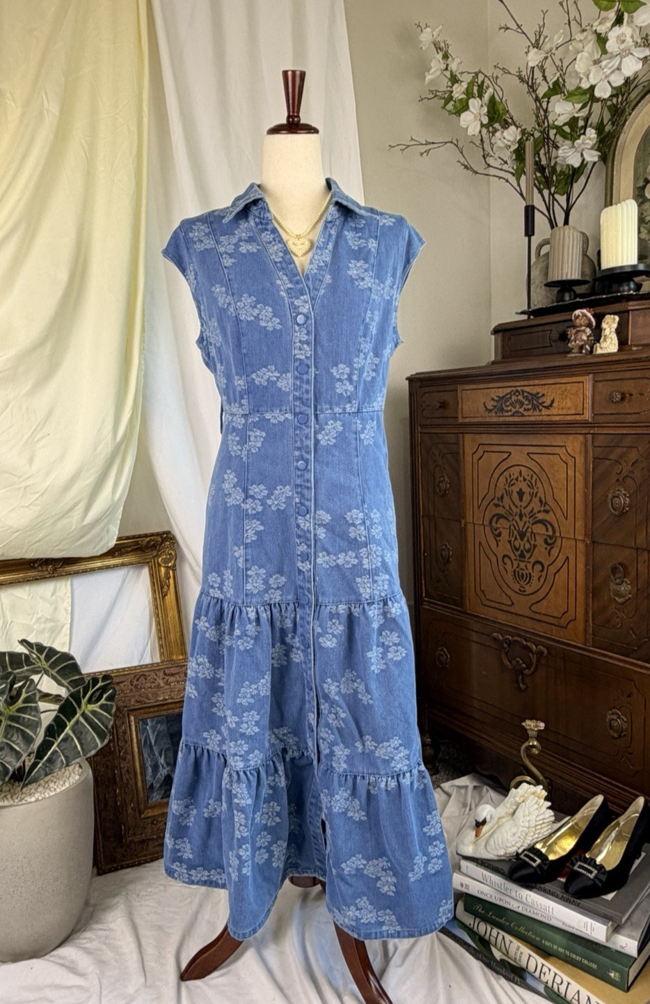 SOLITAIRE Denim Tiered Blue Floral Midi Maxi Dress Pockets Cap Sleeve L Summer