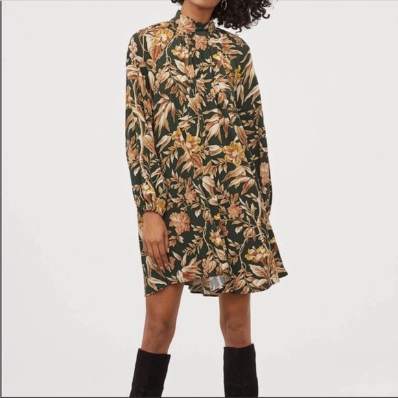 H&M Sz 12 NWT Dark Green Floral Wide Cut Dress Tan Leaves Fall Autumn Winter