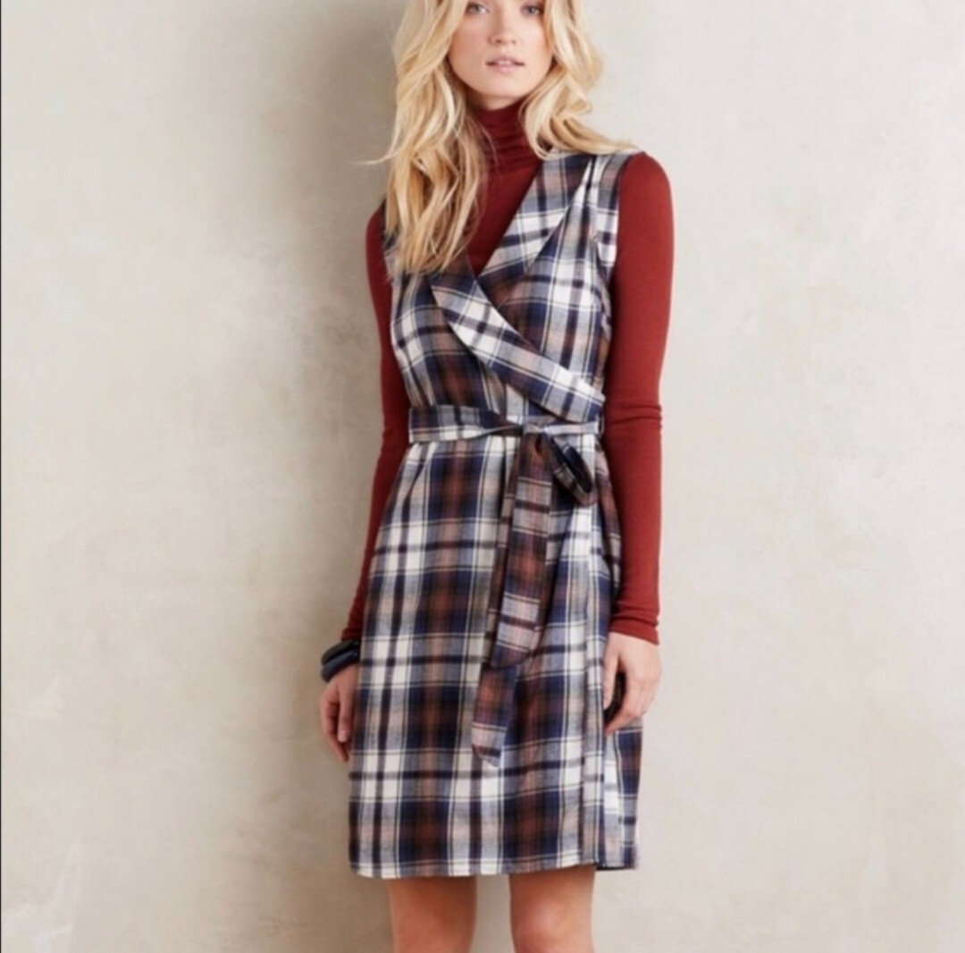Anthropologie 11 1 Tylho Womens Wrap Dress Blue Brown Plaid Small P 100% Cotton