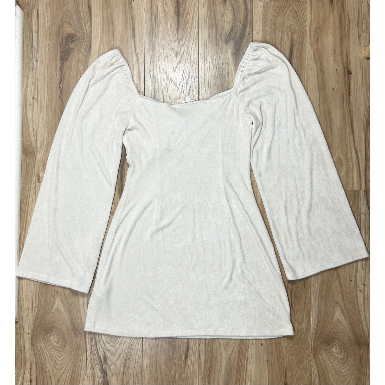 Velour Ruched Bust Bell Sleeve Mini Dress Large Cream Holiday Party Romantic