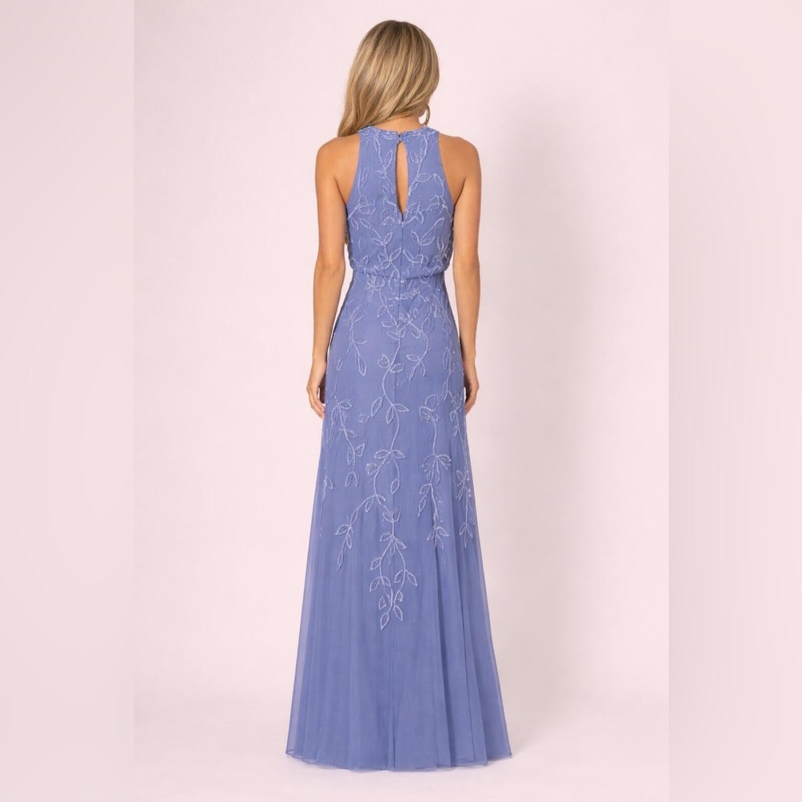 Adrianna Papell Beaded Mesh Gown Blue Floral Formal Bridesmaid SZ 8 NWT Blouson