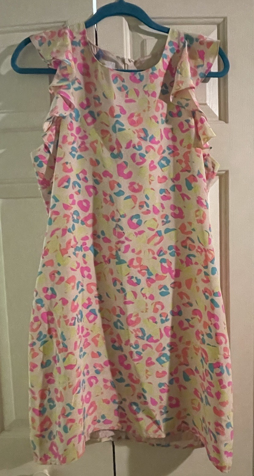 BRITT RYAN SILK NEON LEOPARD SHEATH DRESS RUFFLE SHOULDER Size 6 EUC