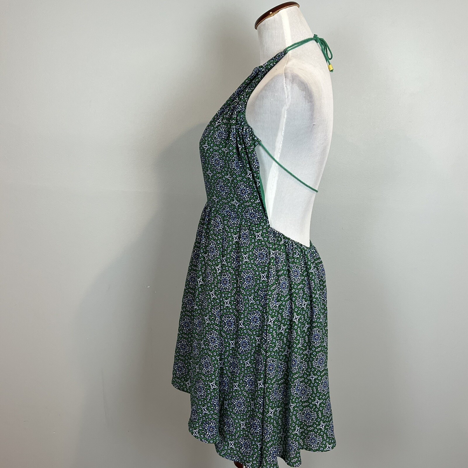 OLIVACEOUS Womens Size Medium Dress Open Back Plunge Green Medallion Mini NWT