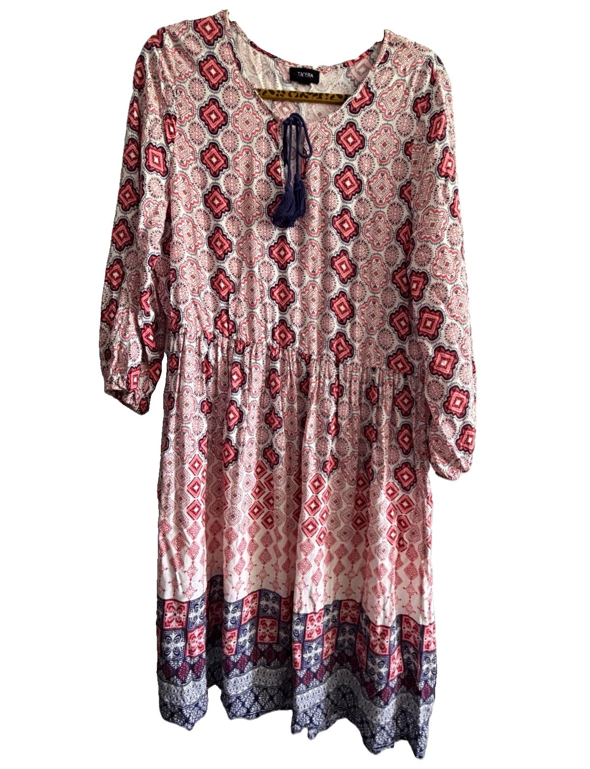 Tacera Pink Blue White Geometric V-Neck 3/4 Sleeve Tie Tassel Sheath M