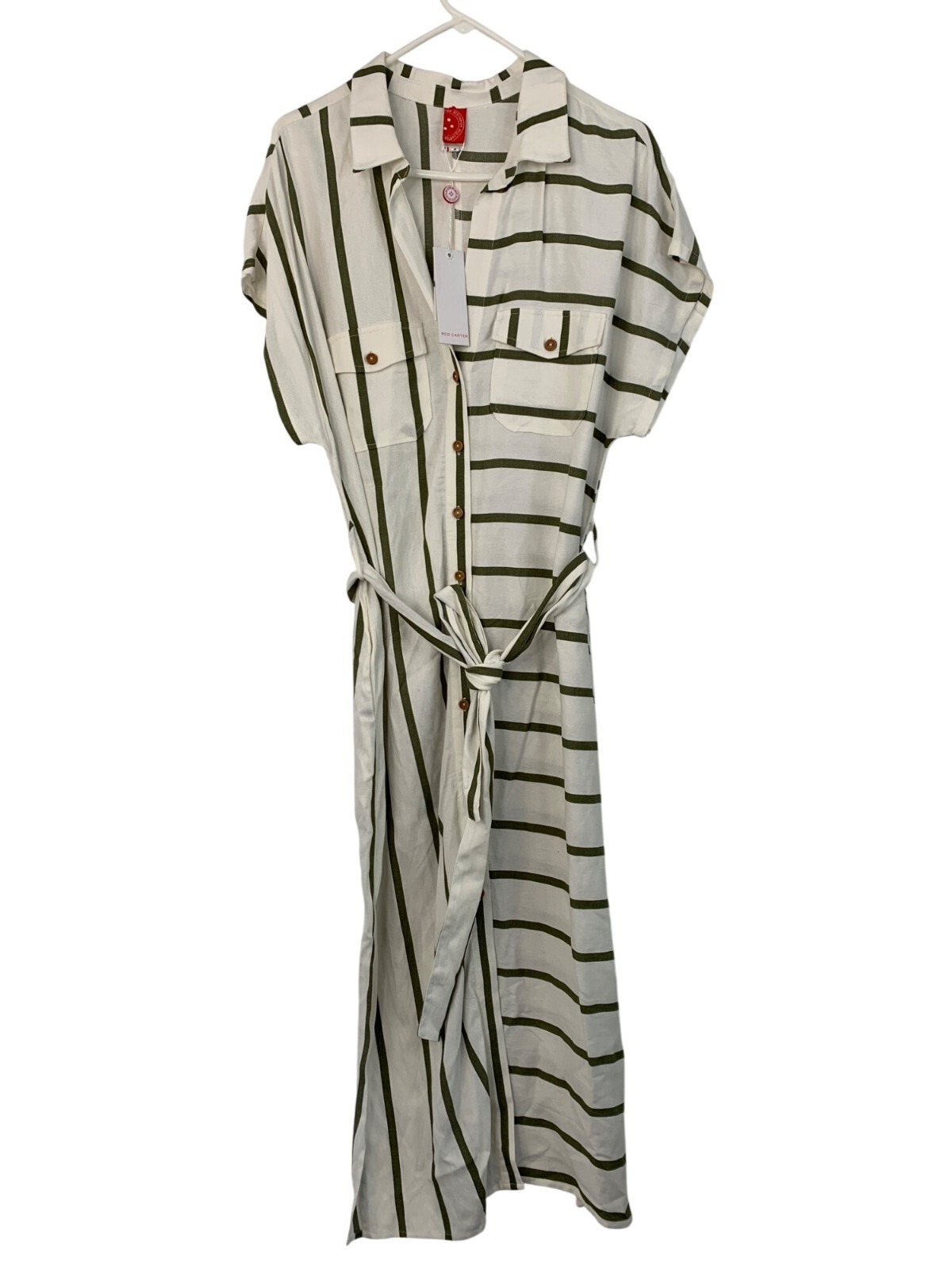Red Carter Shay Safari Striped Button-Down Midi Shirt Dress Belt Pockets L 8742