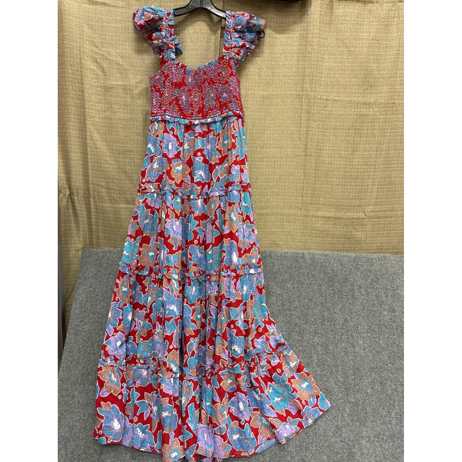 Love The Label Floral Smocked Tiered Maxi Dress Red Blue Ruffle Sleeve Small